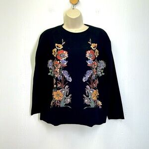 Zara - Glitter Colorful Floral Black Raw Cut Hem Long Sleeve Blouse Size Small